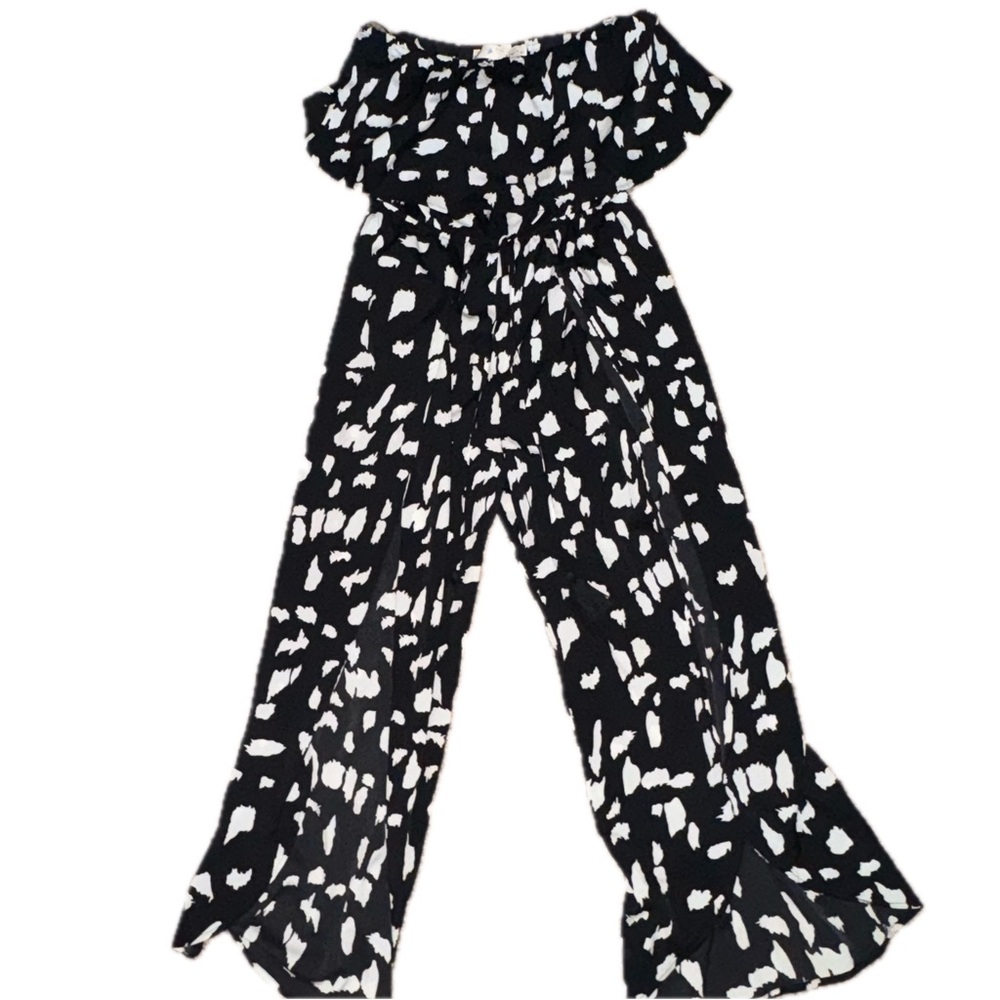 Grace Black and White Patterned Split Leg Strapless Jumpsuit